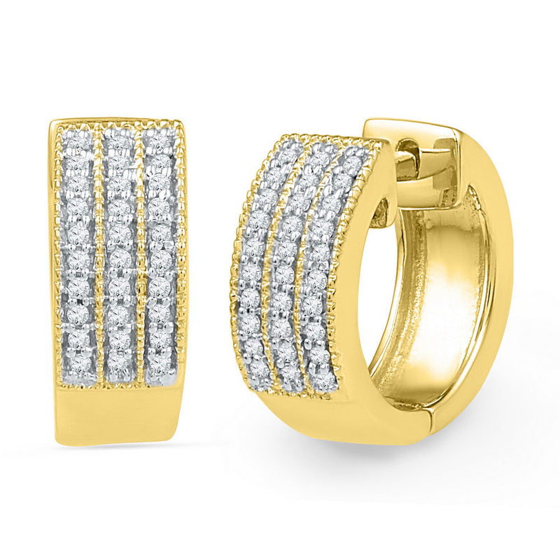 10kt Yellow Gold Womens Round Diamond Triple Row Huggie Hoop Earrings 1/4 Cttw