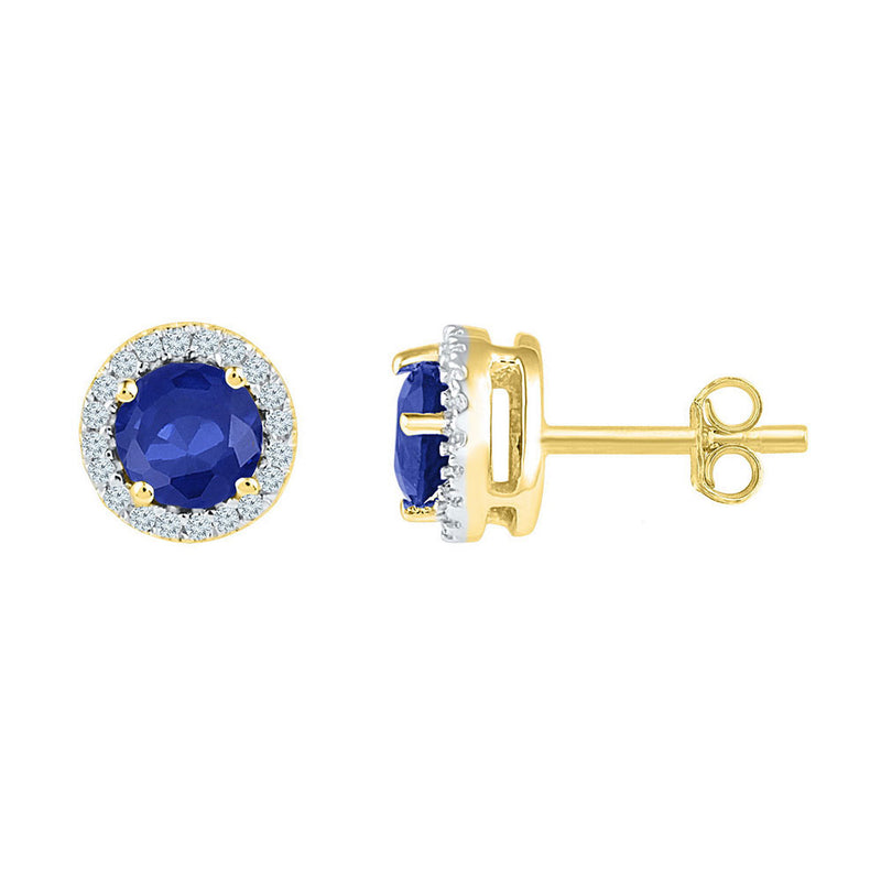 10kt Yellow Gold Womens Round Lab-Created Blue Sapphire Diamond Stud Earrings 1-1/2 Cttw