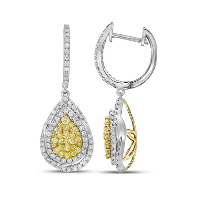 14kt White Gold Womens Round Yellow Diamond Teardrop Dangle Earrings 1-1/2 Cttw