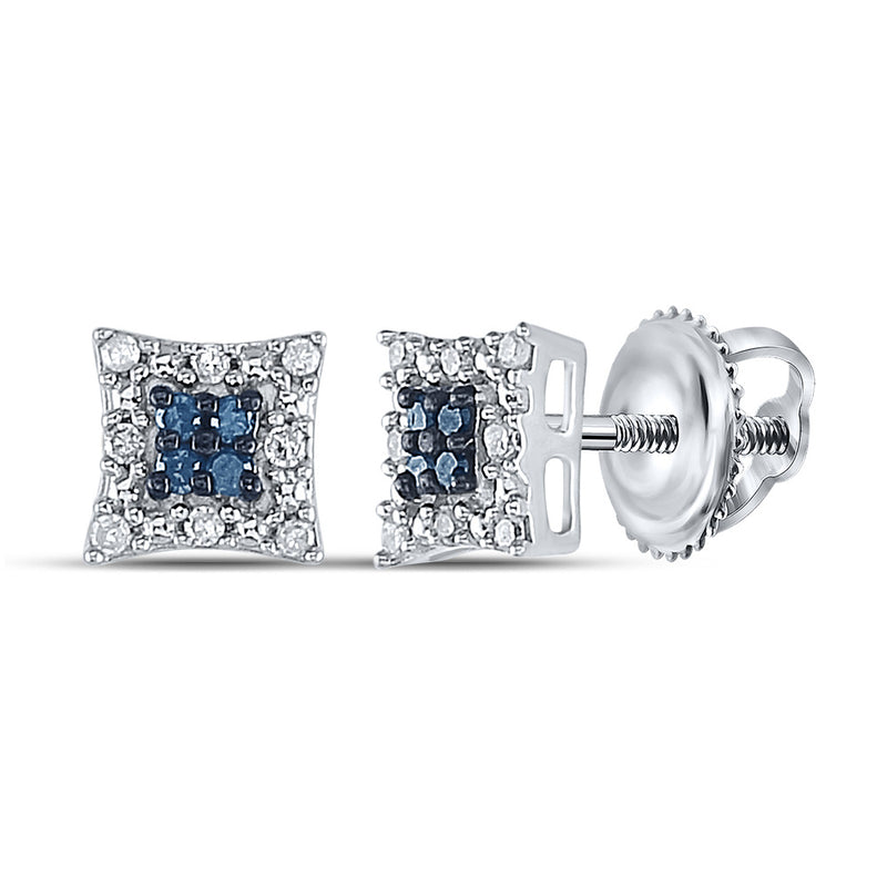 Sterling Silver Womens Round Blue Color Enhanced Diamond Square Earrings 1/10 Cttw