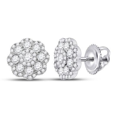 14kt White Gold Womens Round Diamond Flower Cluster Earrings 1 Cttw