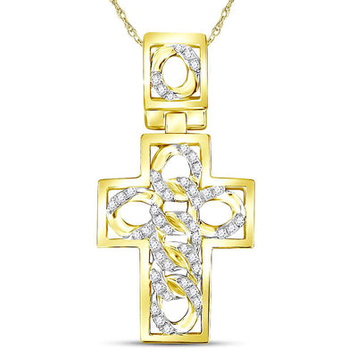 10kt Yellow Gold Mens Round Diamond Curb Link Cuban Cross Charm Pendant 1/3 Cttw