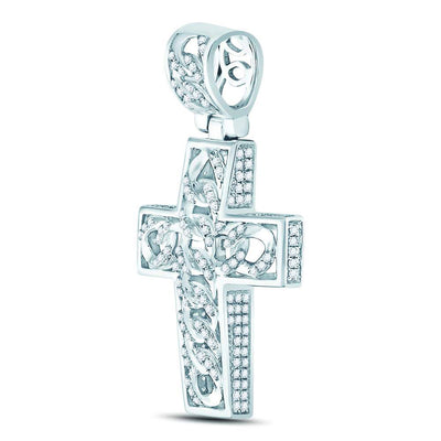 10kt White Gold Mens Round Diamond Curb Link Cross Charm Pendant 5/8 Cttw