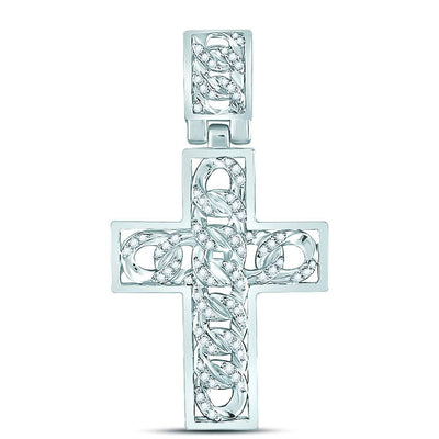 10kt White Gold Mens Round Diamond Curb Link Cross Charm Pendant 5/8 Cttw