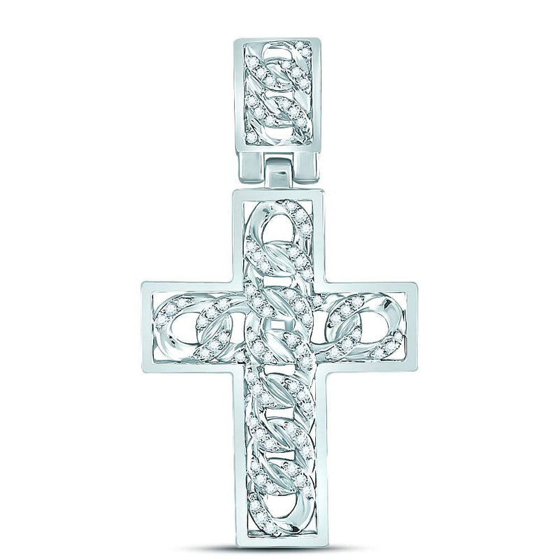 10kt White Gold Mens Round Diamond Curb Link Cross Charm Pendant 5/8 Cttw