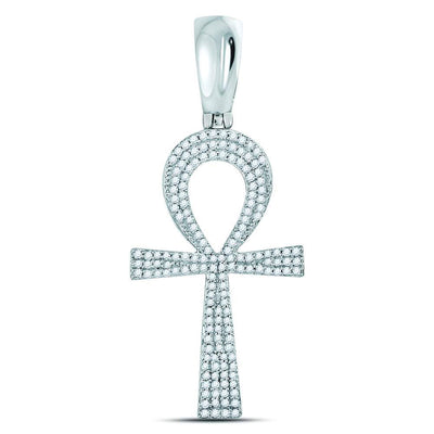 10kt White Gold Mens Round Diamond Ankh Cross Charm Pendant 1/2 Cttw