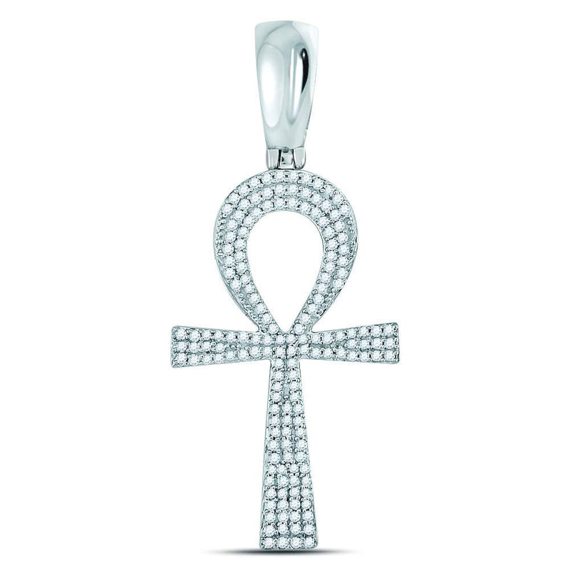 10kt White Gold Mens Round Diamond Ankh Cross Charm Pendant 1/2 Cttw