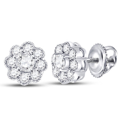 14kt White Gold Womens Round Diamond Flower Cluster Earrings 1/4 Cttw