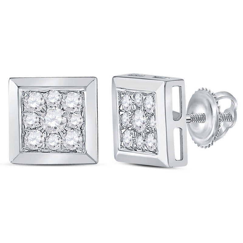 14kt White Gold Womens Round Diamond Square Cluster Stud Earrings 1/2 Cttw