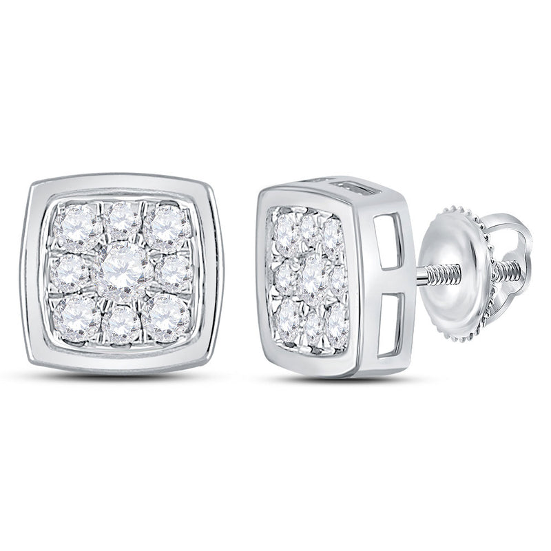 14kt White Gold Womens Round Diamond Square Cluster Stud Earrings 1/2 Cttw