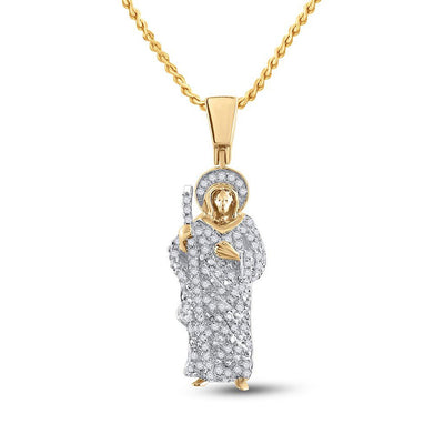 14kt Yellow Gold Mens Round Diamond Jesus Saint Charm Pendant 3/8 Cttw