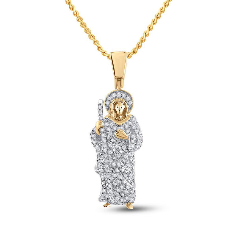 14kt Yellow Gold Mens Round Diamond Jesus Saint Charm Pendant 3/8 Cttw