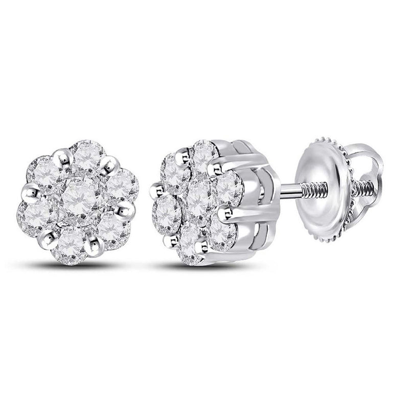 14kt White Gold Womens Round Diamond Flower Cluster Earrings 1/2 Cttw