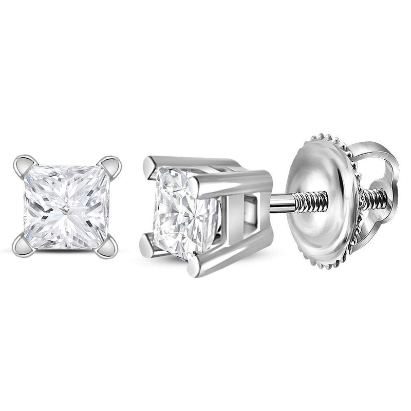 14kt White Gold Unisex Princess Diamond Solitaire Stud Earrings 1/4 Cttw