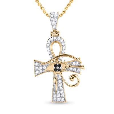 10kt Yellow Gold Mens Round Black Color Enhanced Diamond Ankh Cross Charm Pendant 1/2 Cttw