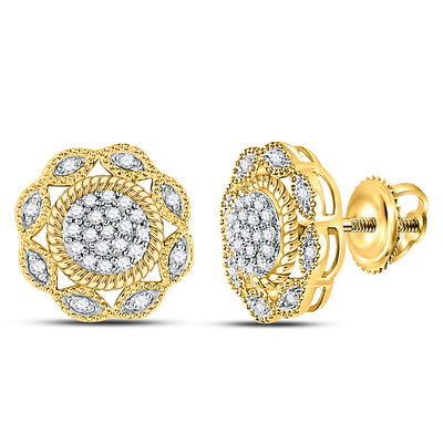 10kt Yellow Gold Womens Round Diamond Milgrain Cable Cluster Earrings 1/6 Cttw