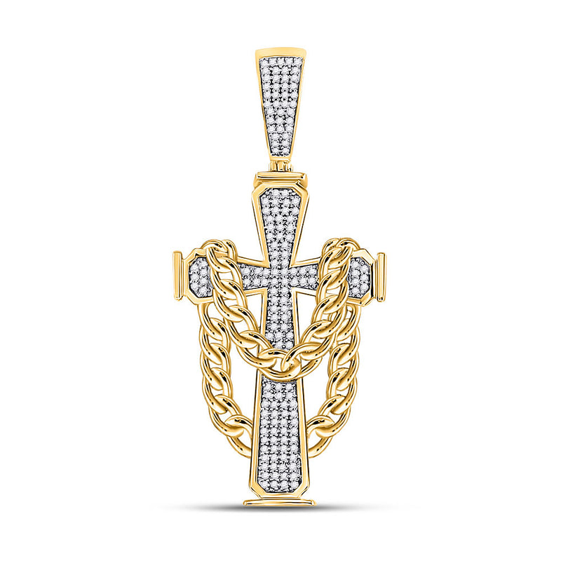 10kt Yellow Gold Mens Round Diamond Cross Cuban Link Charm Pendant 3/8 Cttw