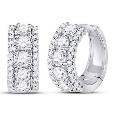 14kt White Gold Womens Round Diamond 3-Row Huggie Earrings 1 Cttw