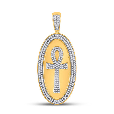 10kt Yellow Gold Mens Round Diamond Oval Ankh Cross Charm Pendant 2 Cttw