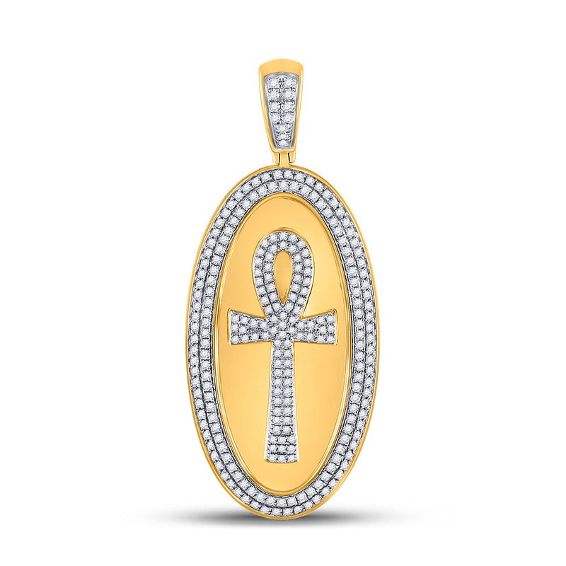 10kt Yellow Gold Mens Round Diamond Oval Ankh Cross Charm Pendant 2 Cttw