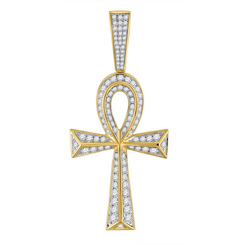 10kt Yellow Gold Mens Round Diamond Ankh Cross Charm Pendant 1-3/4 Cttw