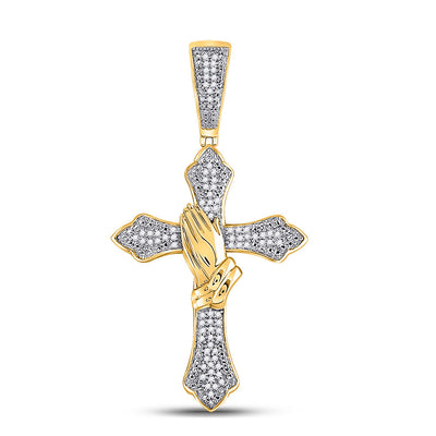 10kt Yellow Gold Mens Round Diamond Praying Hands Gothic Cross Charm Pendant 1/4 Cttw