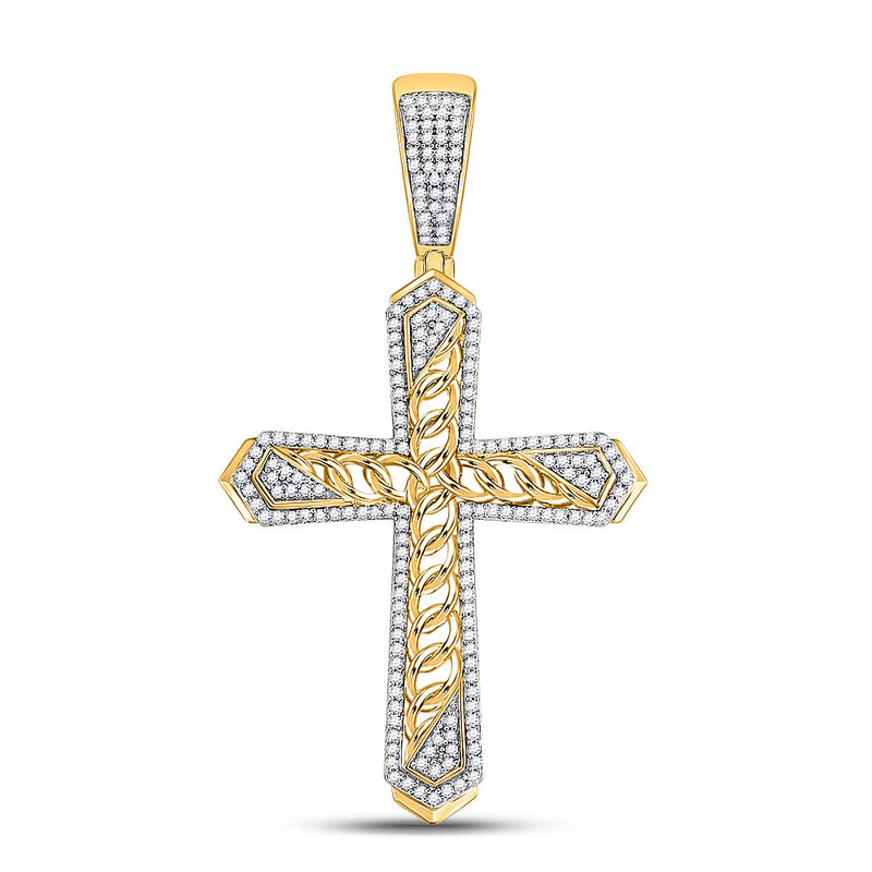 10kt Yellow Gold Mens Round Diamond Cuban Link Cross Charm Pendant 1/2 Cttw