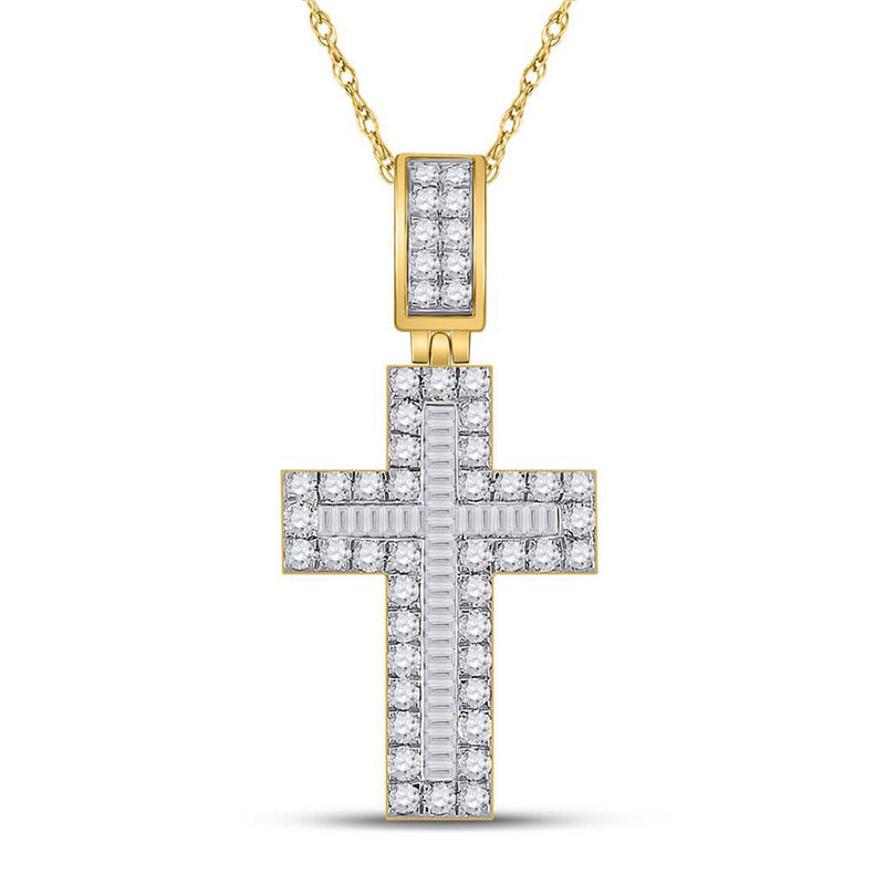 10kt Yellow Gold Mens Baguette Diamond Cross Charm Pendant 1-5/8 Cttw