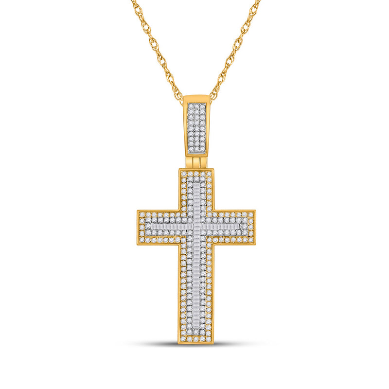 10kt Yellow Gold Mens Baguette Diamond Cross Charm Pendant 1-1/2 Cttw