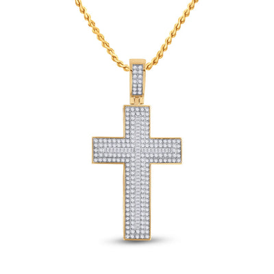 10kt Yellow Gold Mens Baguette Diamond Cross Charm Pendant 2-3/4 Cttw