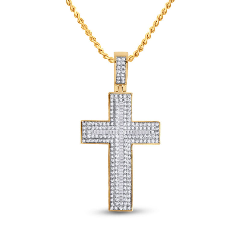 10kt Yellow Gold Mens Baguette Diamond Cross Charm Pendant 2-3/4 Cttw