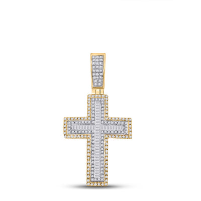 10kt Yellow Gold Mens Baguette Diamond Cross Charm Pendant 7/8 Cttw