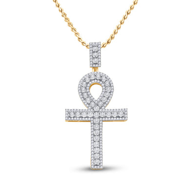 10kt Yellow Gold Mens Round Diamond Ankh Cross Charm Pendant 1 Cttw