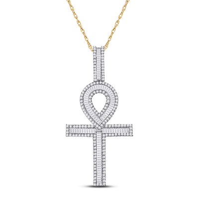 10kt Yellow Gold Mens Baguette Diamond Ankh Cross Charm Pendant 1-5/8 Cttw