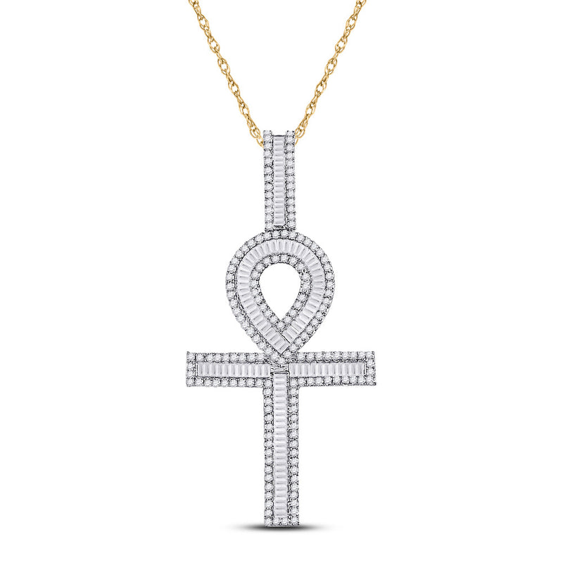 10kt Yellow Gold Mens Baguette Diamond Ankh Cross Charm Pendant 1-5/8 Cttw