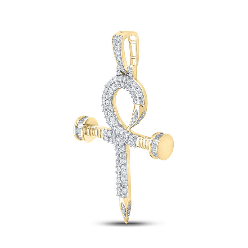 10kt Yellow Gold Mens Baguette Diamond Ankh Nail Cross Charm Pendant 1 Cttw