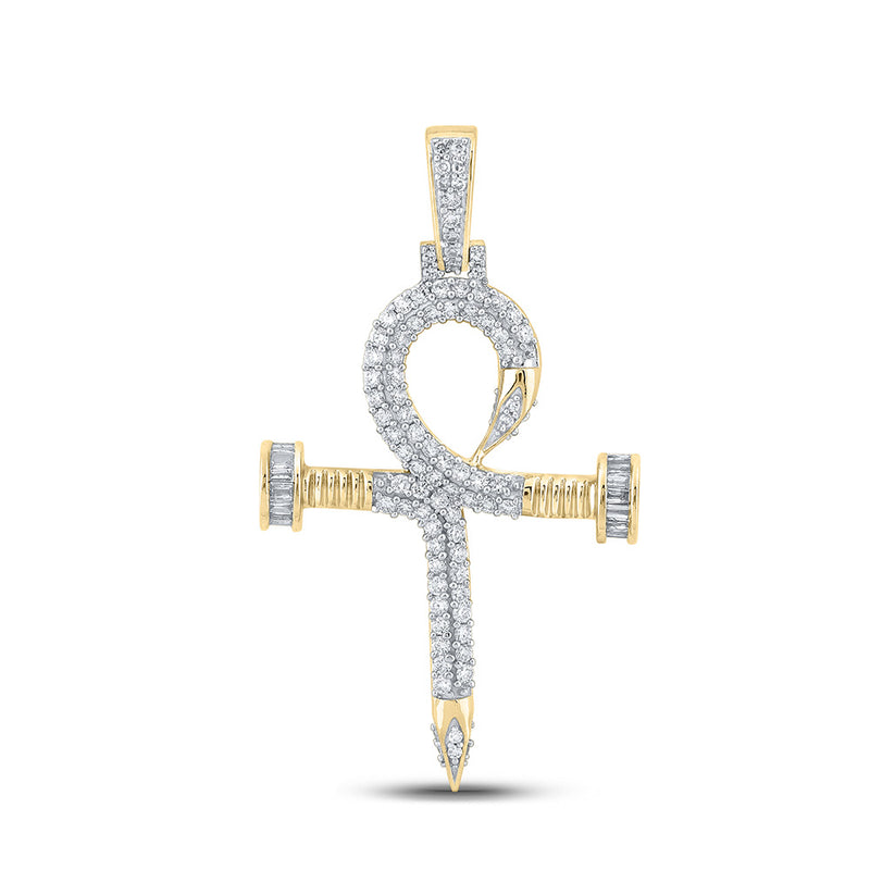 10kt Yellow Gold Mens Baguette Diamond Ankh Nail Cross Charm Pendant 1 Cttw