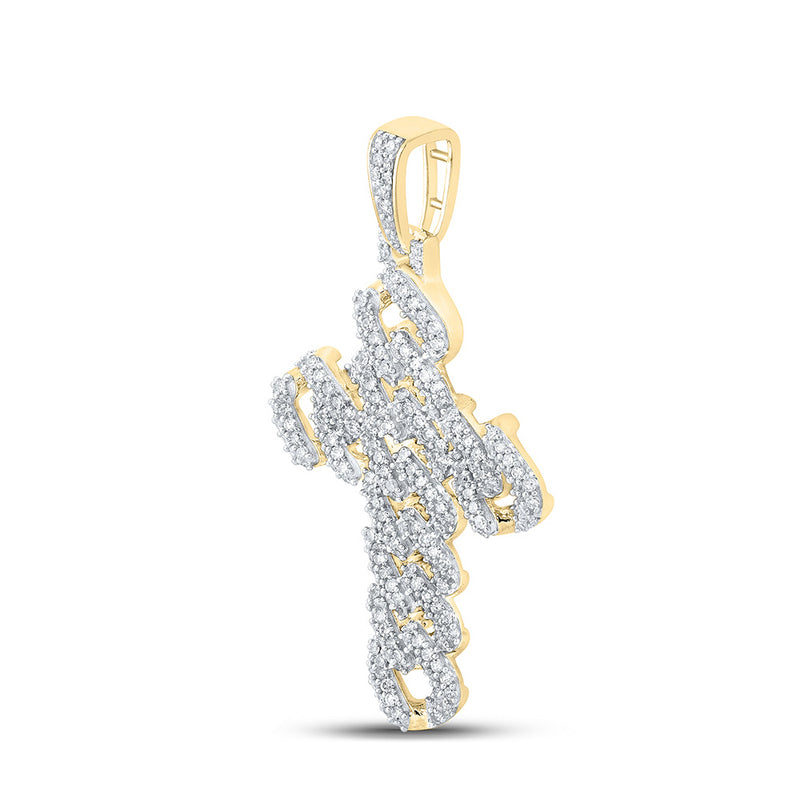 10kt Yellow Gold Mens Round Diamond Cuban Link Cross Charm Pendant 1-3/4 Cttw