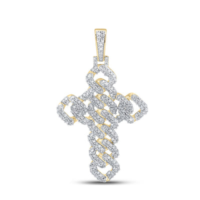 10kt Yellow Gold Mens Round Diamond Cuban Link Cross Charm Pendant 1-3/4 Cttw