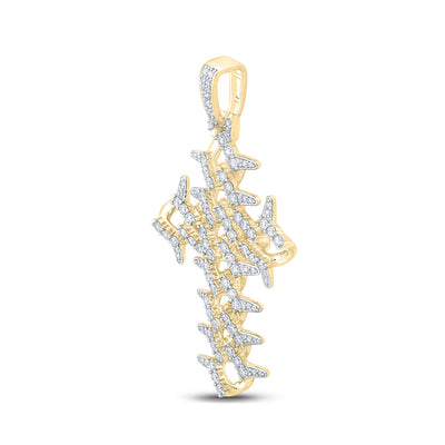 10kt Yellow Gold Mens Round Diamond Cuban Link Cross Charm Pendant 1-1/2 Cttw