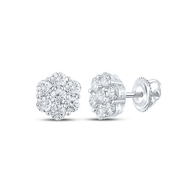 14kt White Gold Mens Round Diamond Flower Cluster Earrings 1-1/2 Cttw