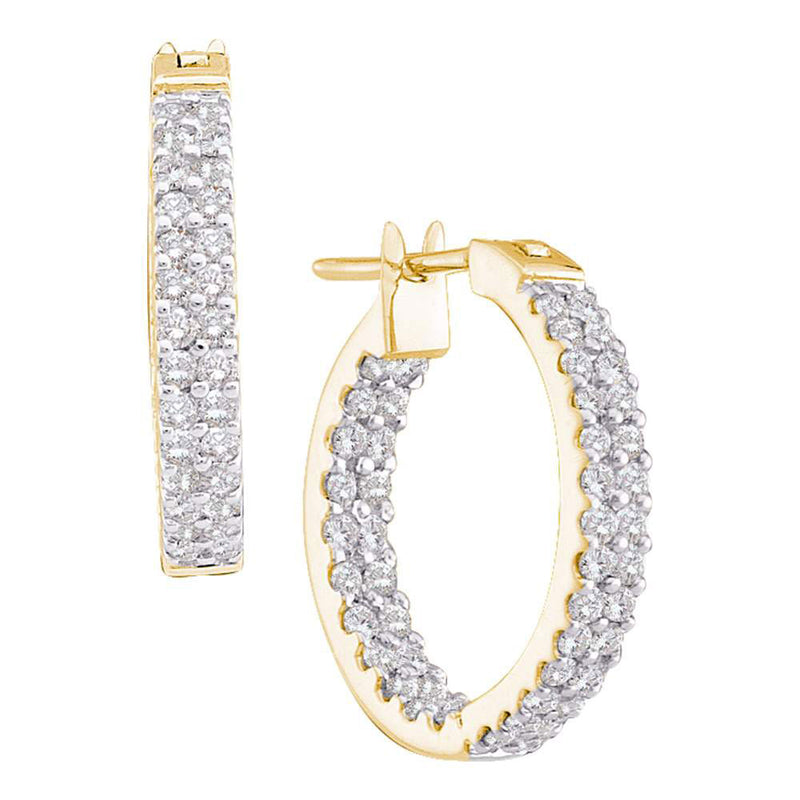 14kt Yellow Gold Womens Round Diamond Inside Outside Double Row Hoop Earrings 1 Cttw