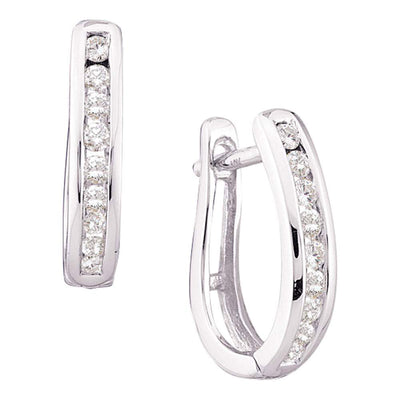 14kt White Gold Womens Round Diamond Oblong Hoop Earrings 1/4 Cttw