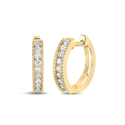 14kt Yellow Gold Womens Round Diamond Milgrain Single Row Hoop Earrings 1/4 Cttw