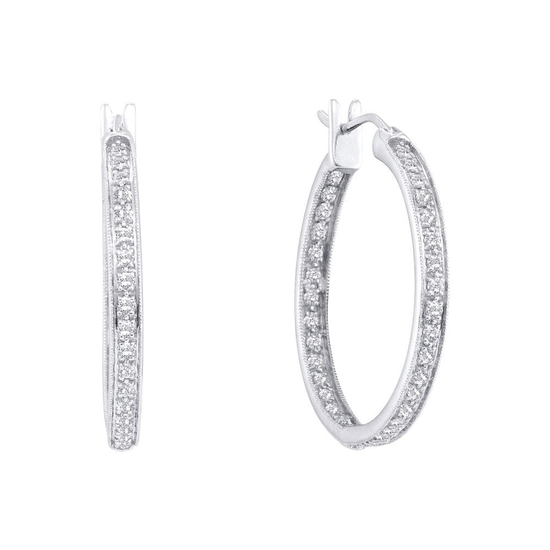 14kt White Gold Womens Round Diamond Single Row Inside Outside Endless Hoop Earrings 1 Cttw