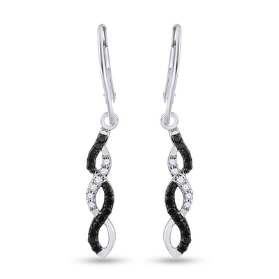 14kt White Gold Womens Round Black Color Enhanced Diamond Twist Dangle Earrings 1/3 Cttw