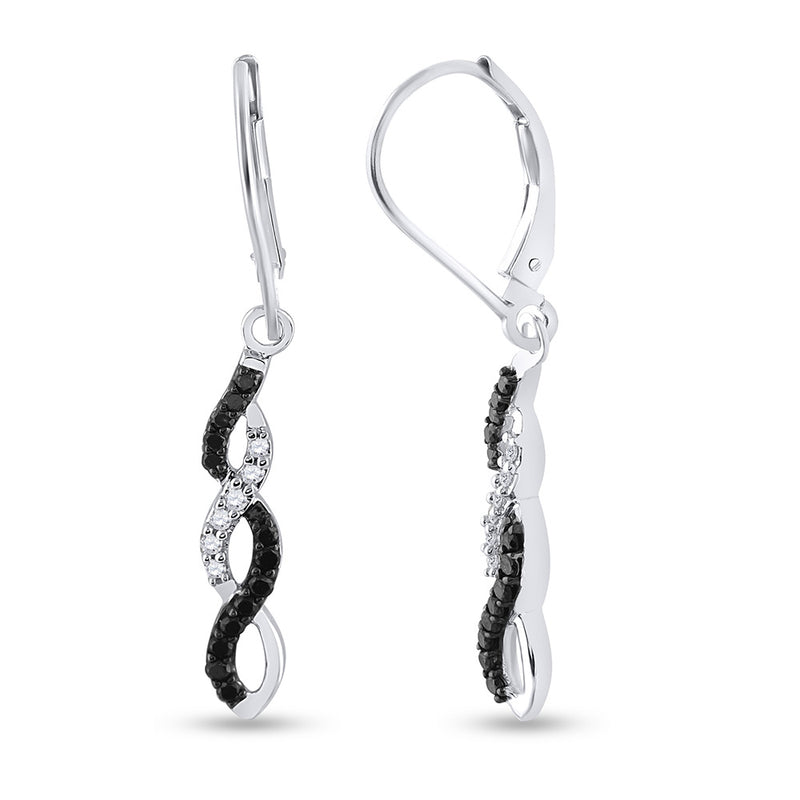 14kt White Gold Womens Round Black Color Enhanced Diamond Twist Dangle Earrings 1/3 Cttw