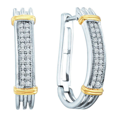 Two-tone Sterling Silver Womens Round Diamond Oblong Hoop Earrings 1/6 Cttw