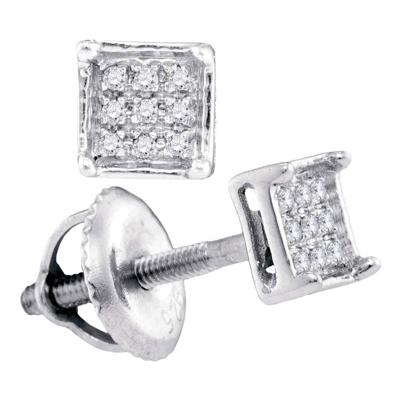 Sterling Silver Womens Round Diamond Square Earrings 1/20 Cttw