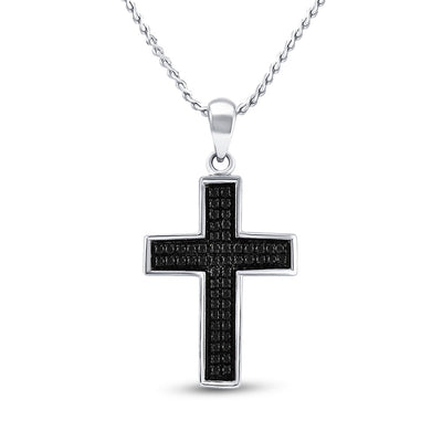 Sterling Silver Mens Round Black Color Enhanced Diamond Cross Charm Pendant 1/6 Cttw